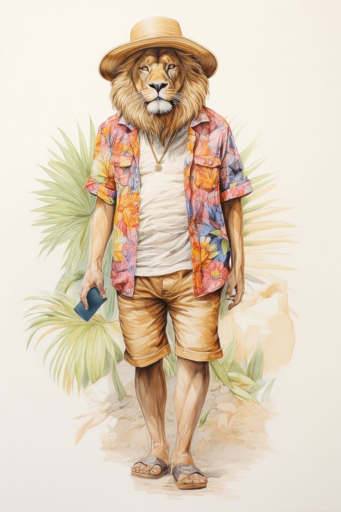 Lion character Summer Travel drawing sketch illustrated.