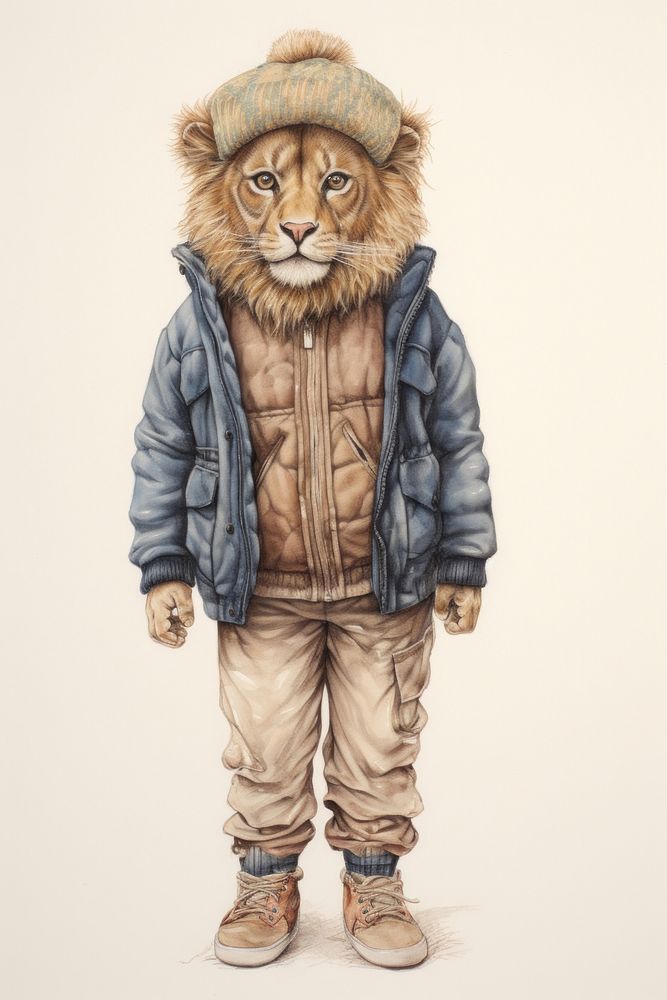 Lion character Winter clothes drawing sketch illustrated.