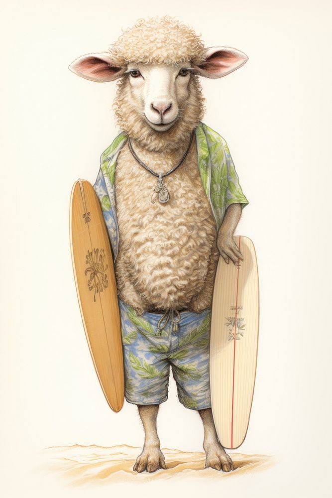 Sheep character summer play Surf sheep accessories recreation.