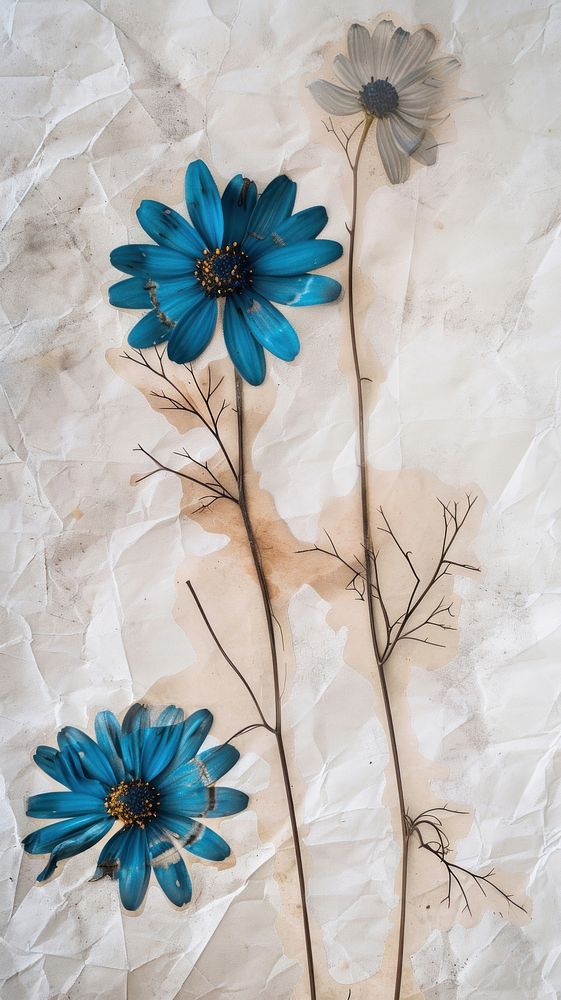 Pressed blue daisy flowers pattern plant wall.