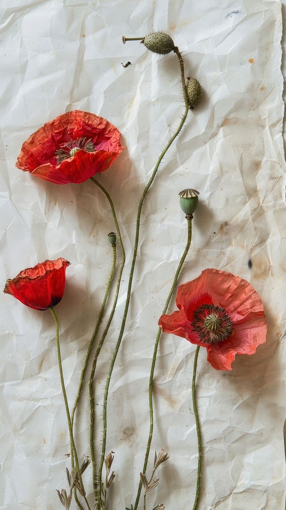 Real pressed poppy flowers plant paper red.