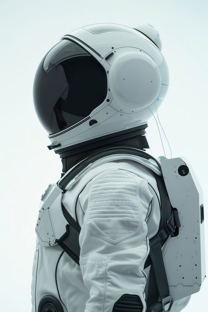 Astronaut suit and helmet looking white transportation protection.
