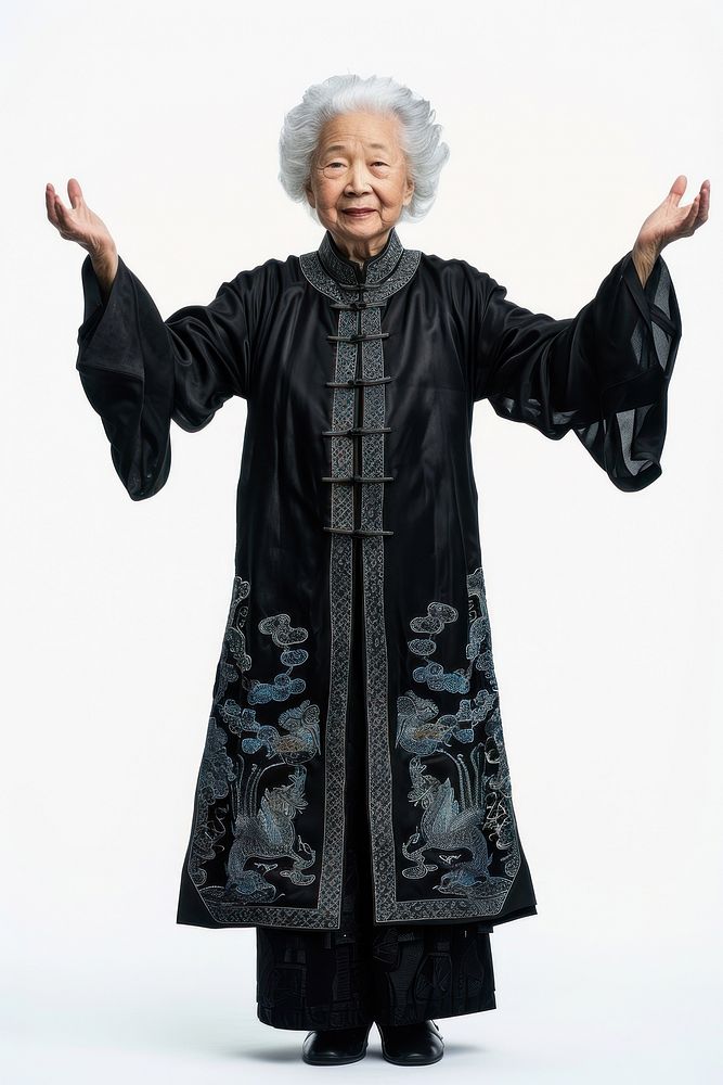 Senior chinese woman clothing footwear apparel.