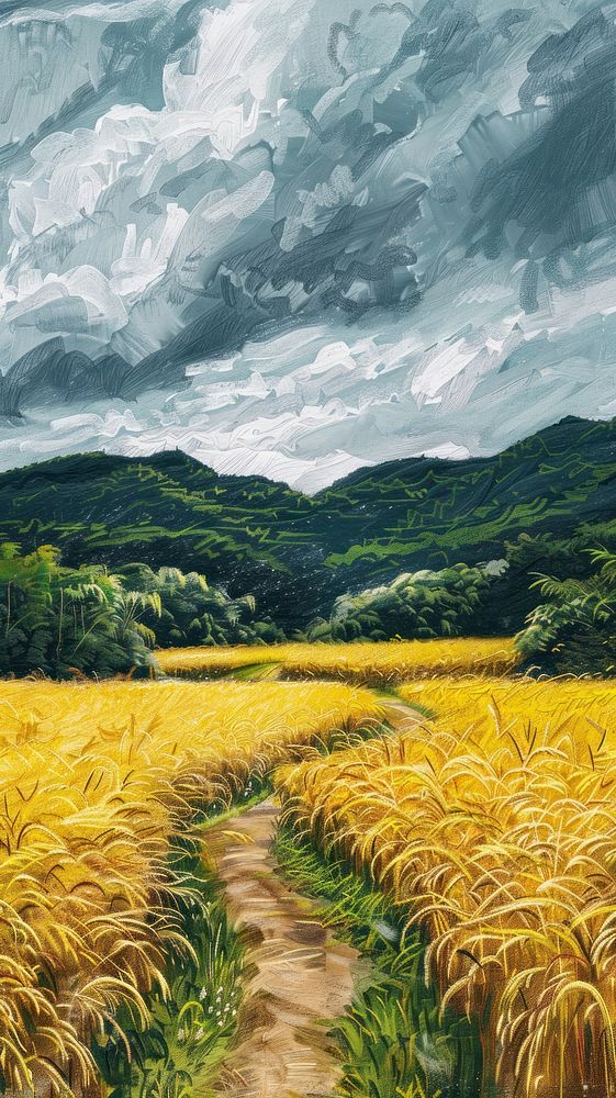 Illustration of gold rice field landscape outdoors painting.