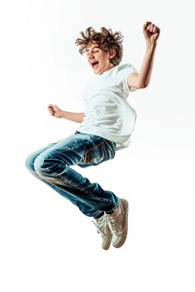 Person jumps off the ground shouting jumping smiling.