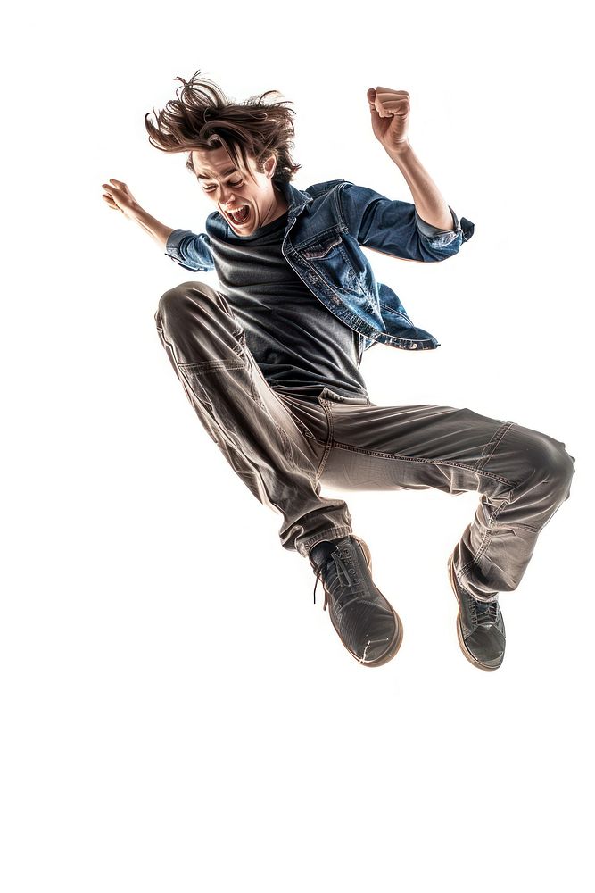 Person jumps off the ground jumping dancing white background.