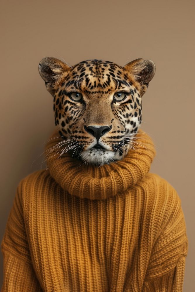 Leopard wearing sweater animal wildlife portrait.