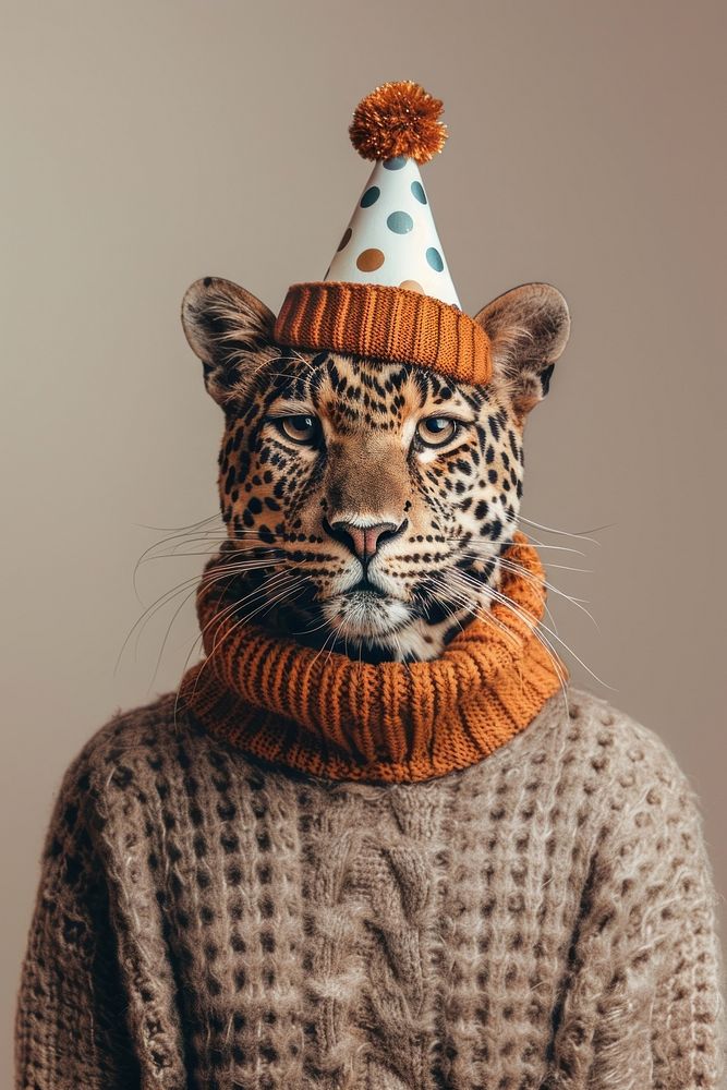 Leopard wearing sweater portrait animal mammal.