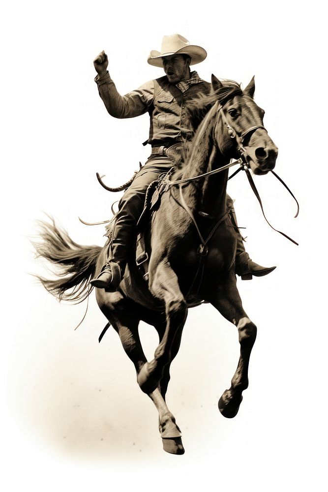 Cowboy riding bucking horse recreation clothing footwear.