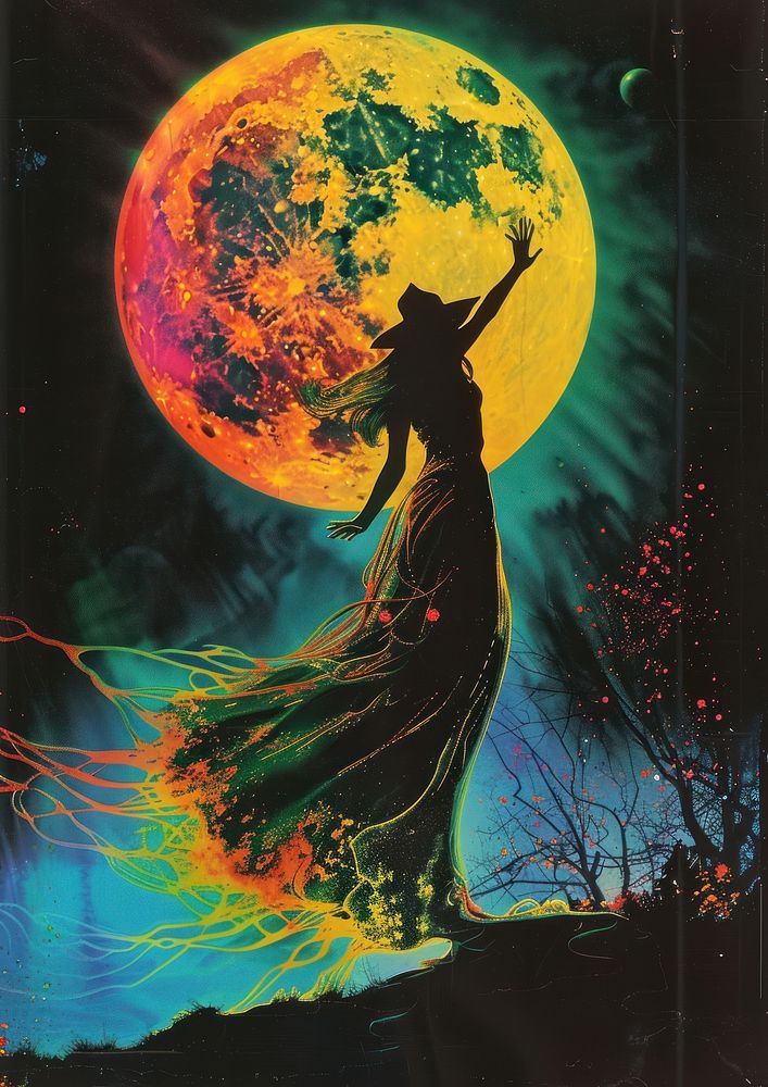 A witch dancing under the moon art astronomy outdoors.