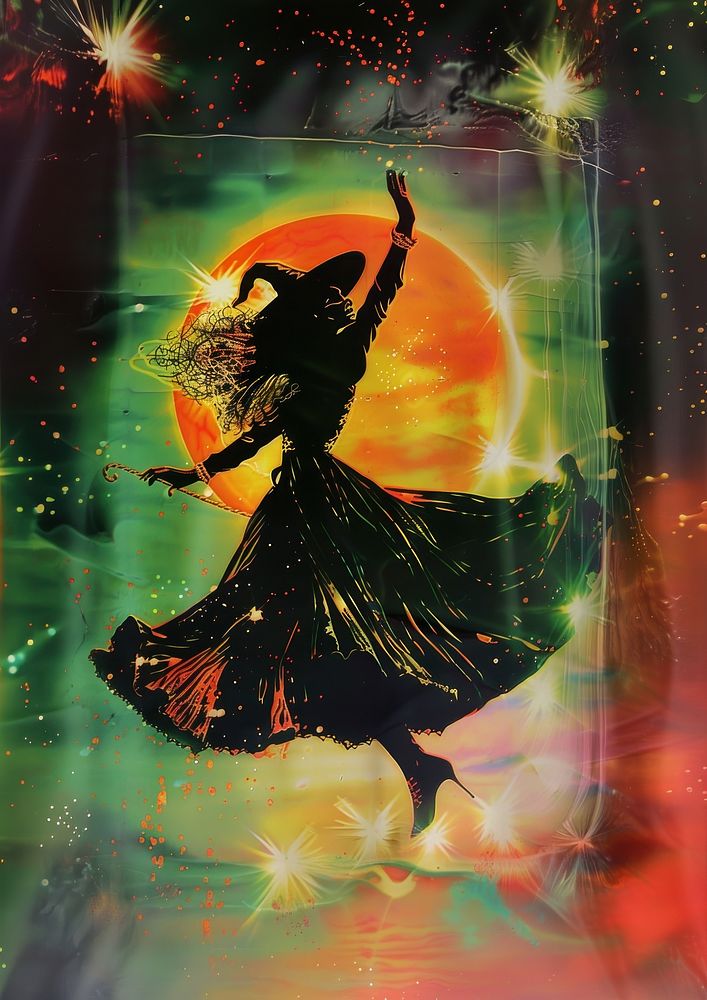 A witch dancing under the moon art recreation performer.