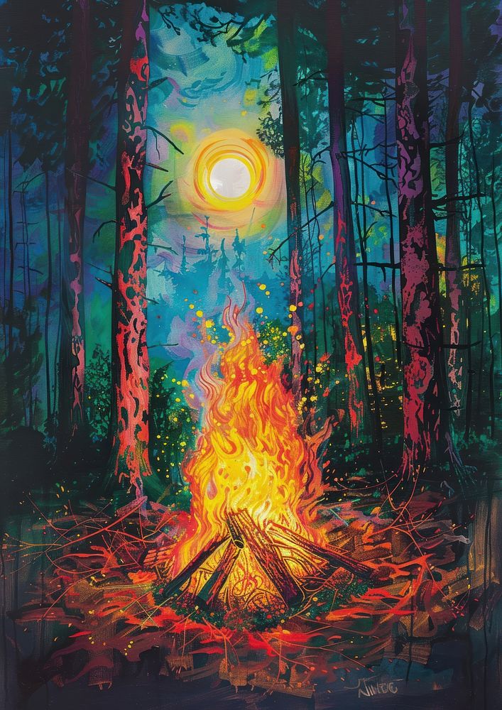 A bonfire in the wood art vegetation outdoors.