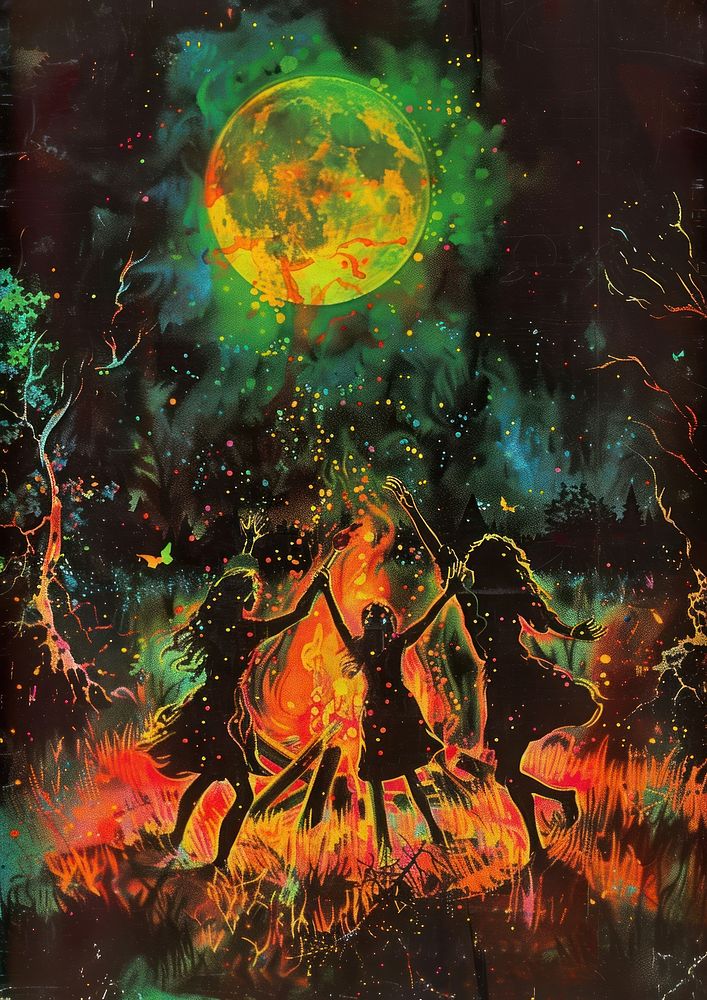 Witches dancing around the bonfire art painting outdoors.