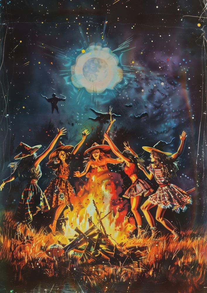 Witches dancing around the bonfire art recreation clothing.