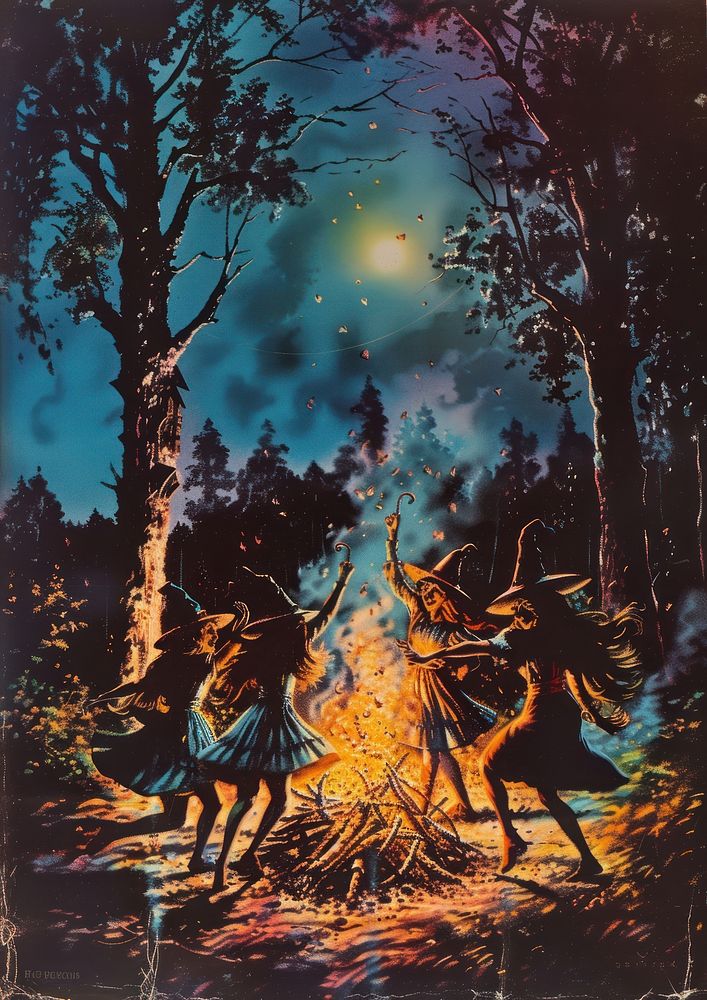Witches dancing around the bonfire art vegetation recreation.