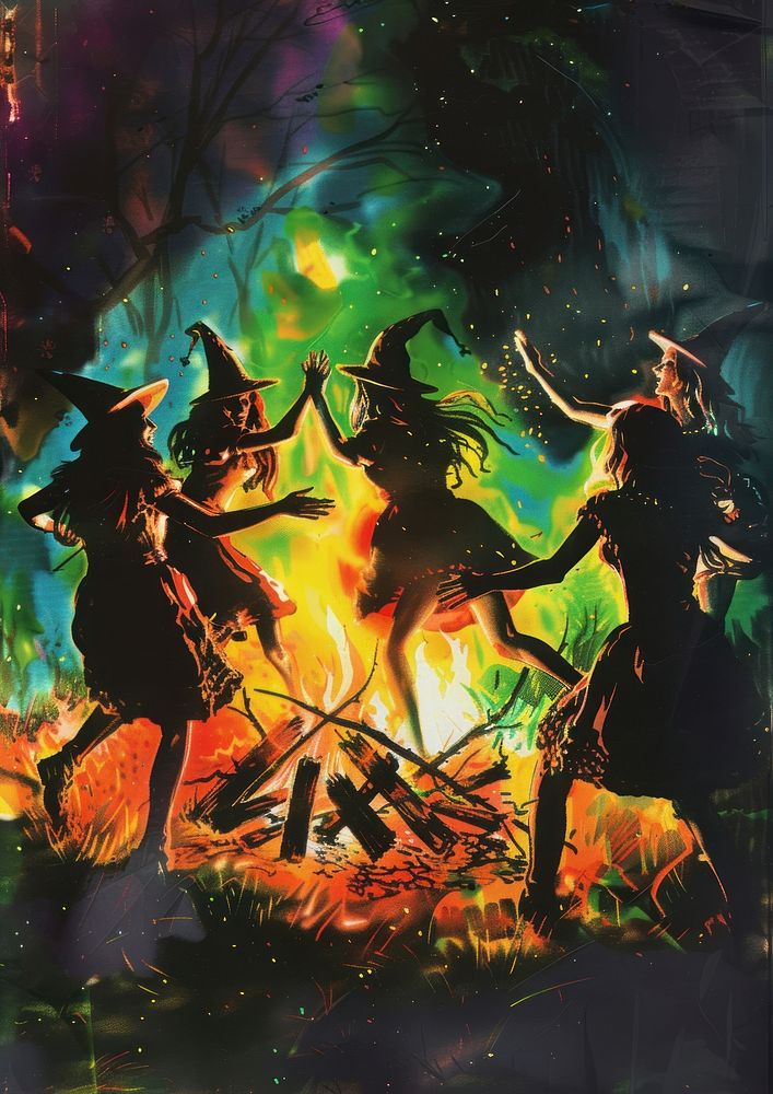 Witches dancing around the bonfire art female person.