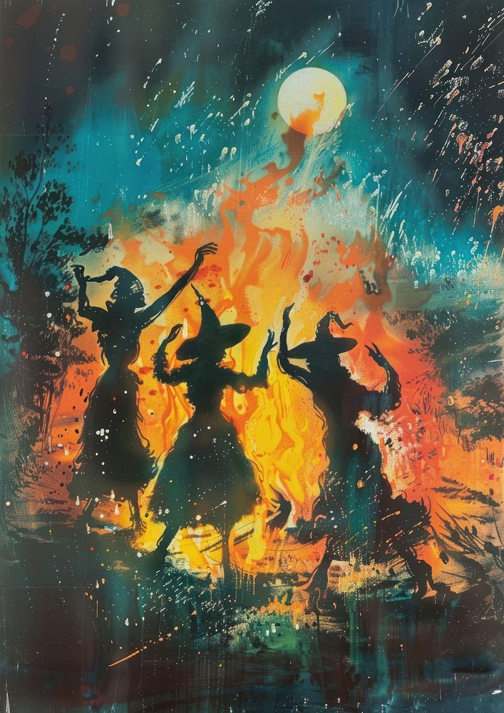 Witches dancing around the bonfire art recreation painting.