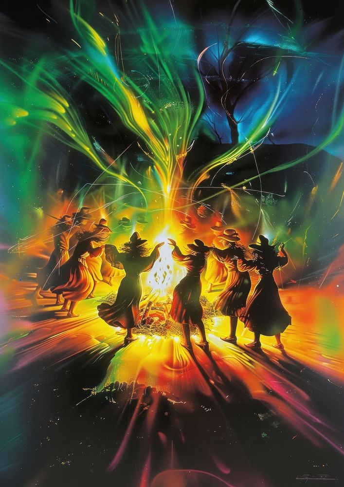 Witches dancing around the bonfire art recreation person.
