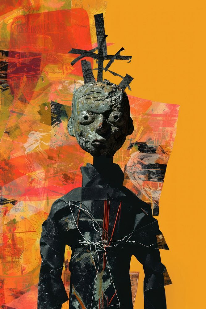 A voodoo doll collage painting person.