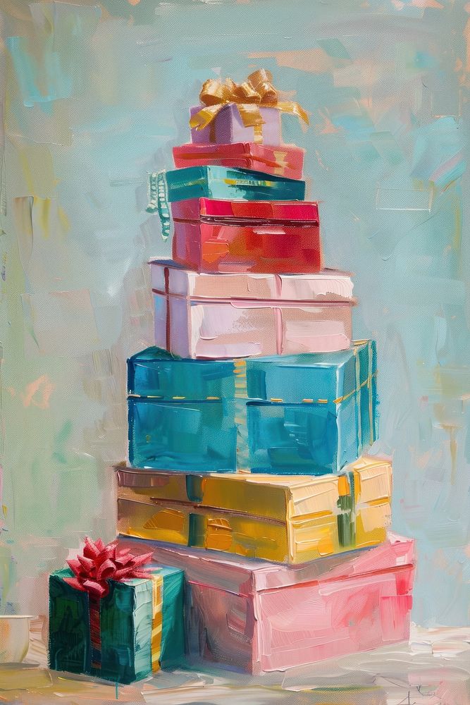 Close up on stack of gift boxes painting art.