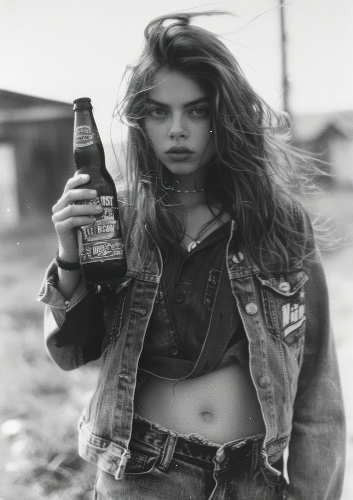 A teenage woman carry a beer bottle photography accessories accessory.
