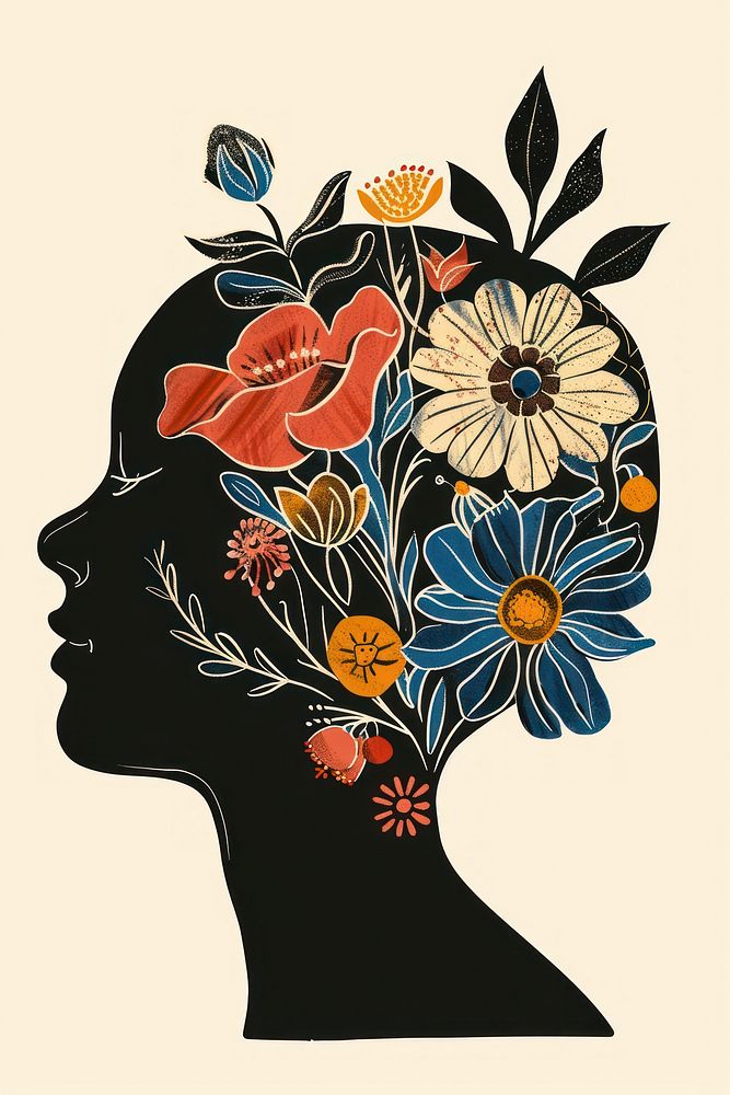 Silhouette head with colorful flowers painting pattern sketch.