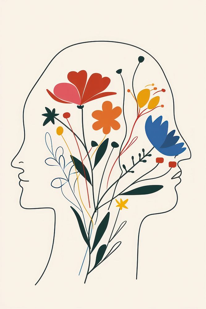 Silhouette head with colorful flowers sketch drawing art.