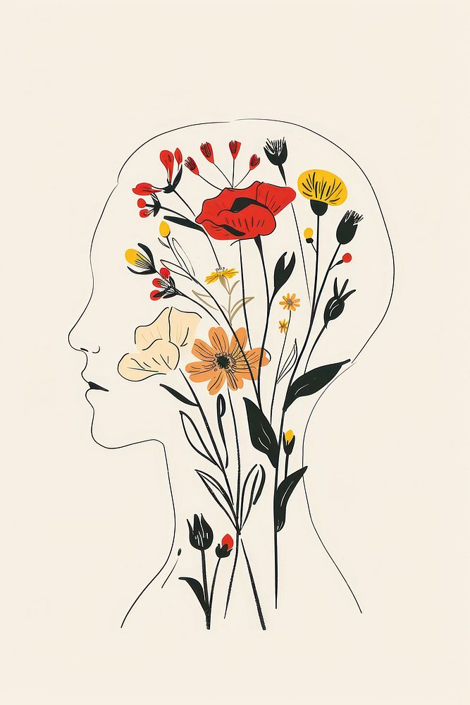 Silhouette head with colorful flowers sketch painting drawing.