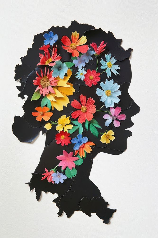 Silhouette head with colorful flowers art plant paper.