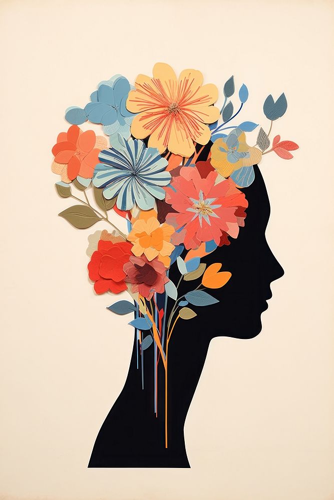 Silhouette head with colorful flowers art painting pattern.