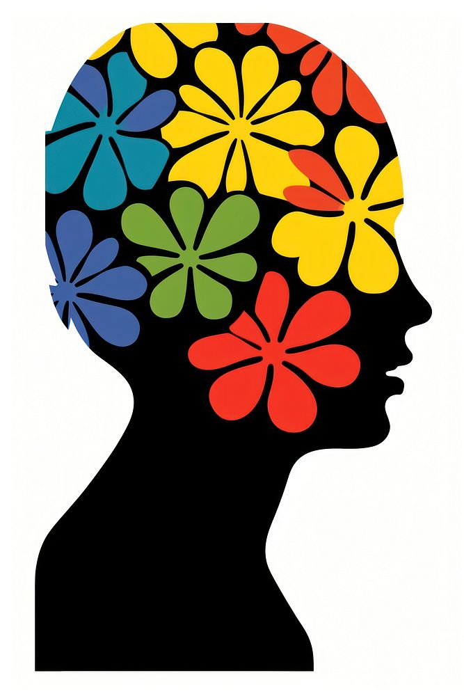 Silhouette head with colorful flowers adult art creativity.