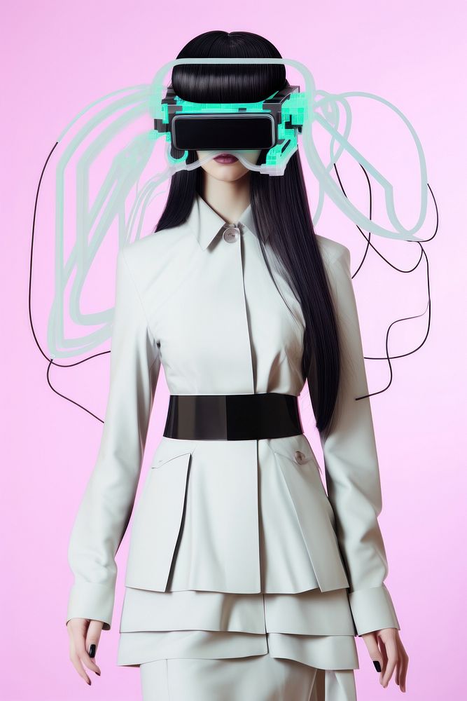 Cybernatic woMan wearing futuristic virtual reality glasses head electronics photography.