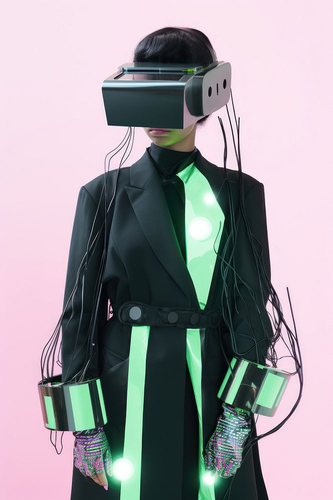 Cybernatic blackMan wearing futuristic virtual reality glasses photography clothing apparel.
