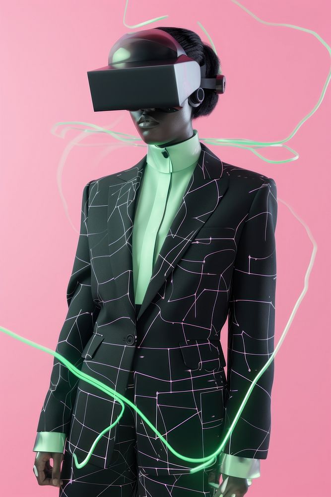 Cybernatic blackMan wearing futuristic virtual reality glasses clothing apparel blazer.