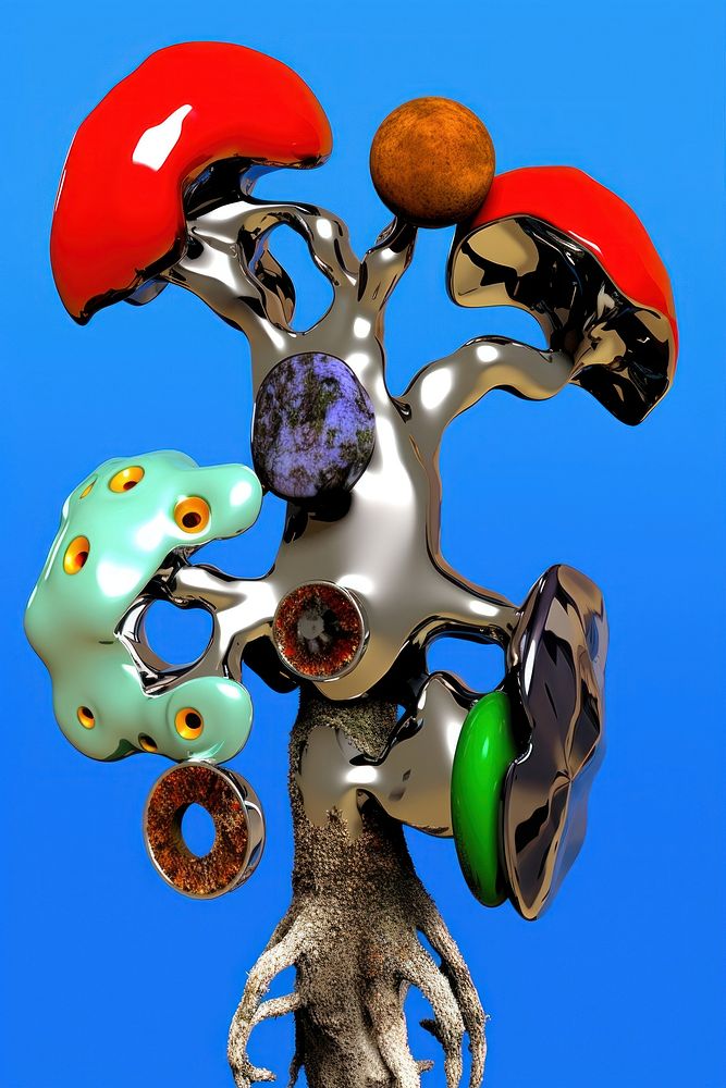 A sculpture biology abstract from made of different types of texture electronics hardware mushroom.