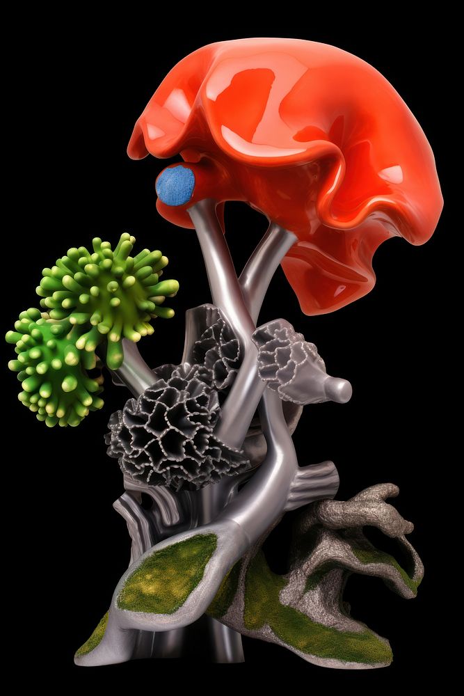 A sculpture biology abstract from made of different types of texture electronics vegetable figurine.
