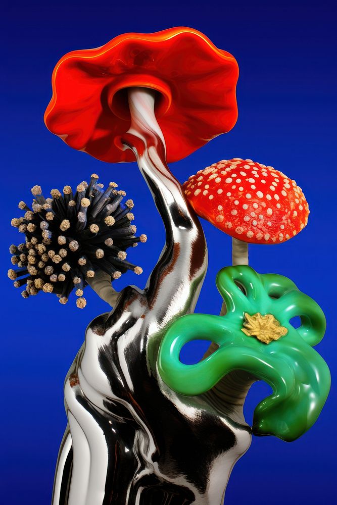 A sculpture biology abstract from made of different types of texture flower figurine mushroom.
