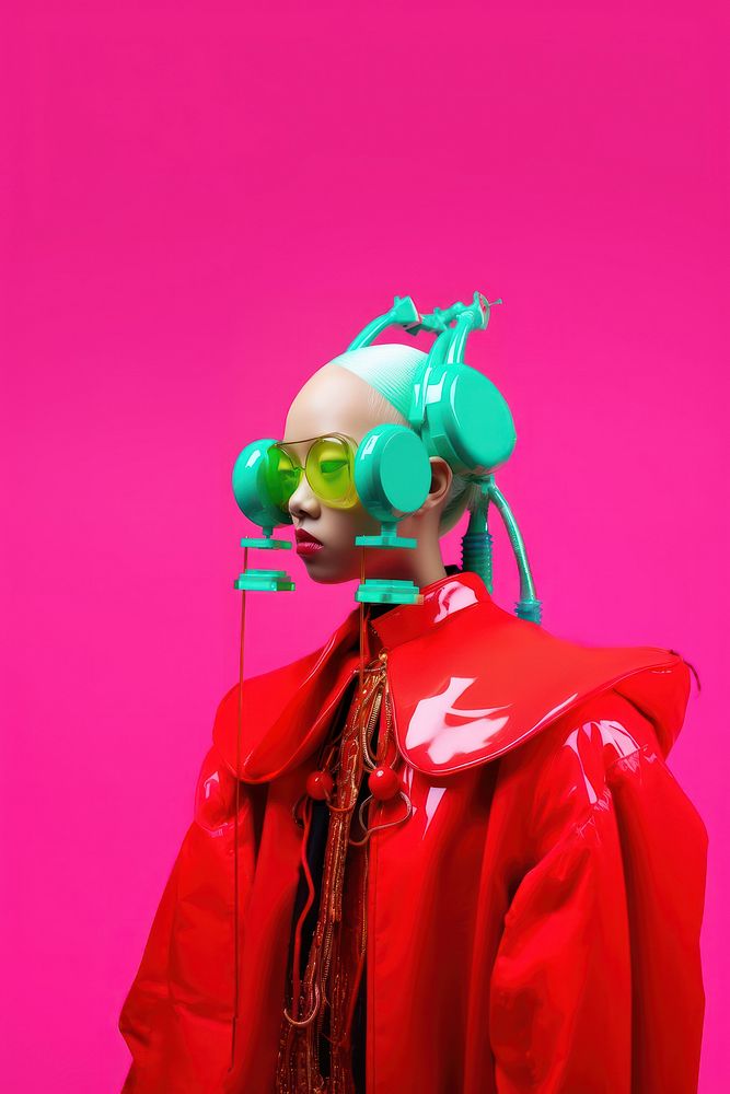 Fashion photography representing of futuristic cybernatic clothing portrait balloon.