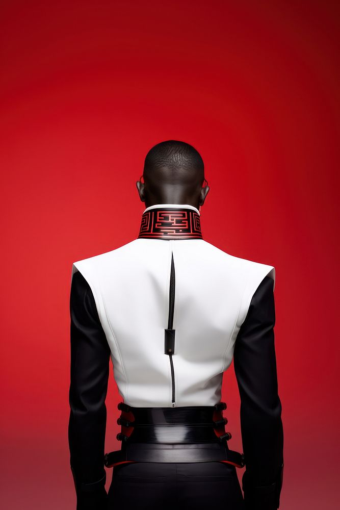 Fashion photography representing of futuristic cybernatic back man accessories.