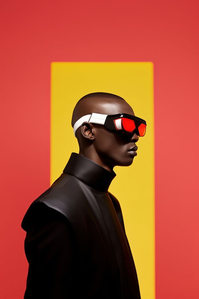 Fashion photography representing of futuristic cybernatic man accessories sunglasses.