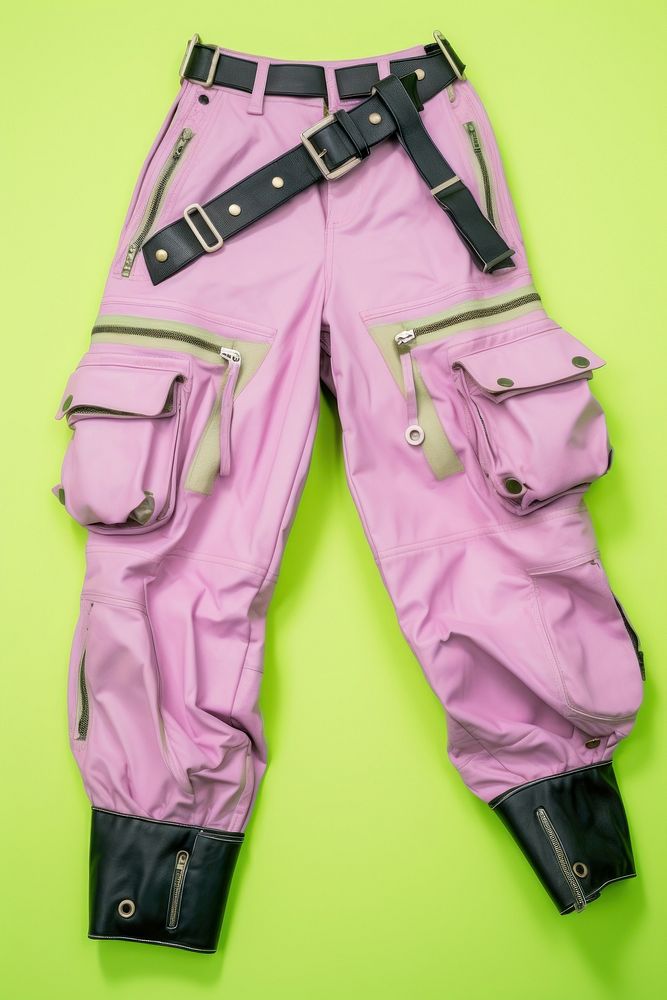 Flat lay photo of cyberpunk cargo pants accessories accessory clothing.