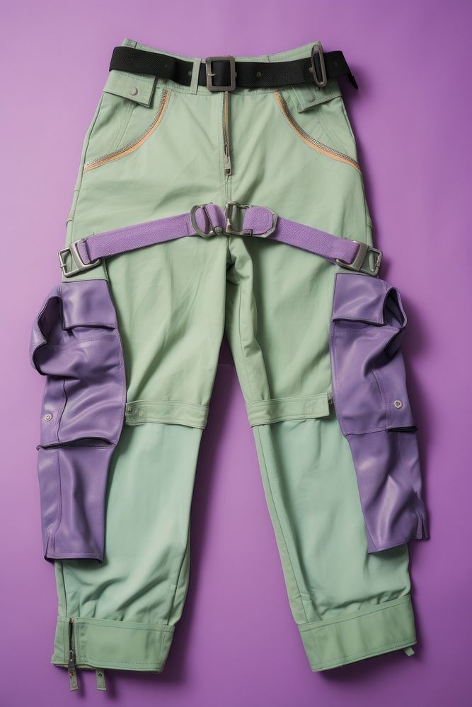 Flat lay photo of cyberpunk cargo pants accessories accessory clothing.