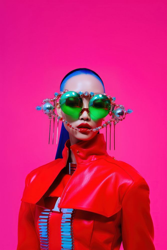 Fashion photography representing of futuristic cybernatic face accessories sunglasses.