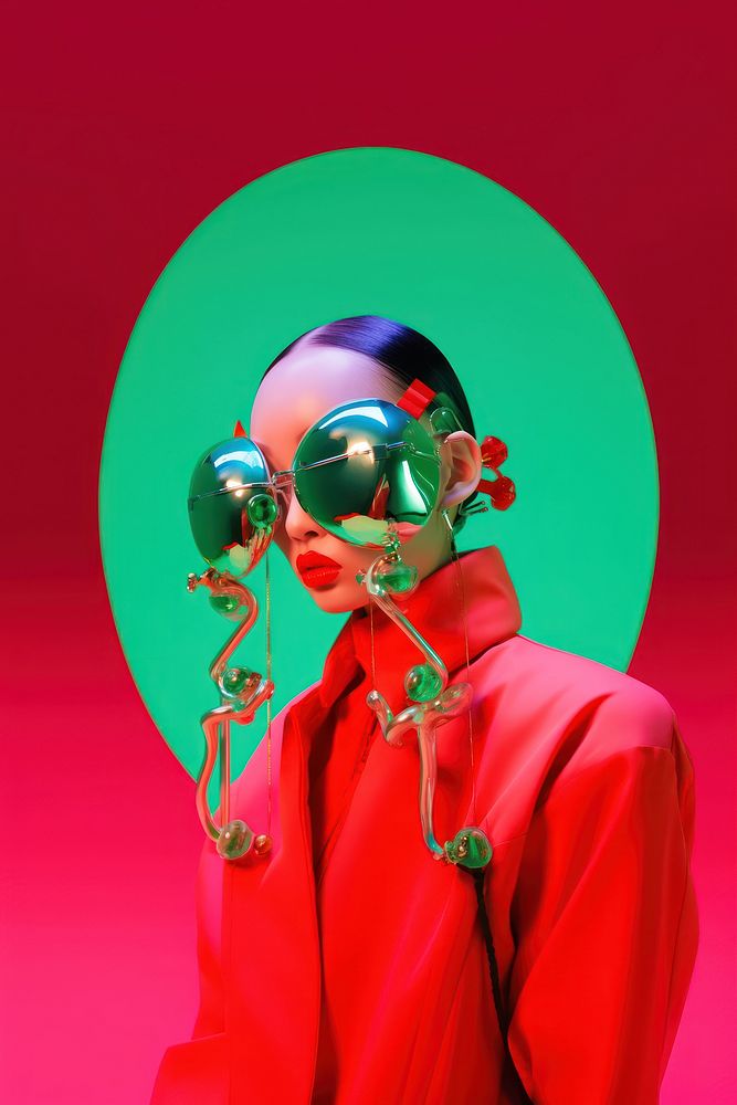 Fashion photography representing of futuristic cybernatic face accessories performer.