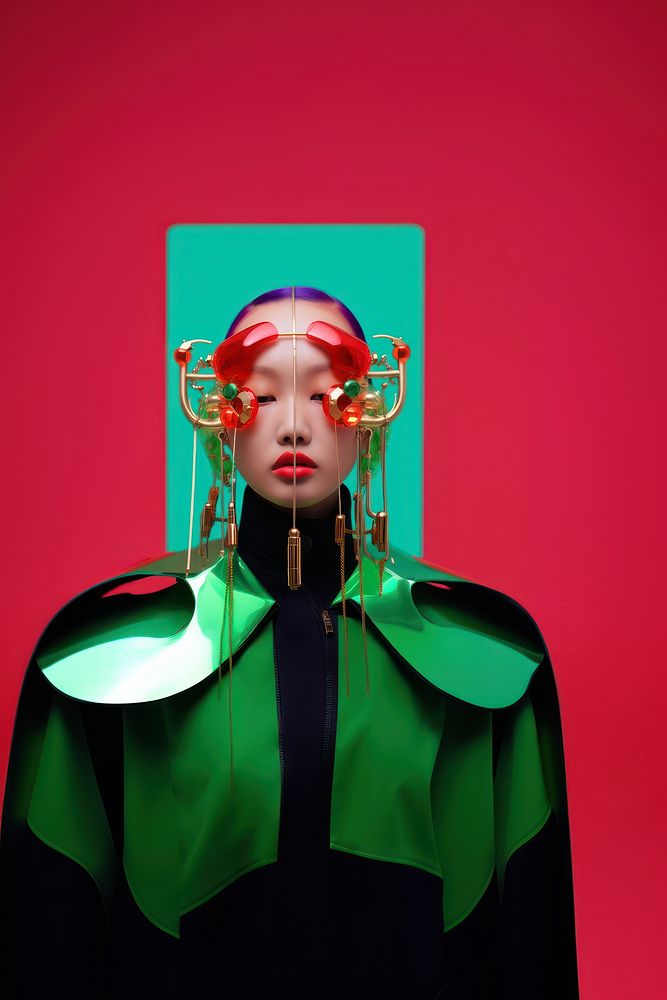 Fashion photography representing of futuristic cybernatic face clothing portrait.