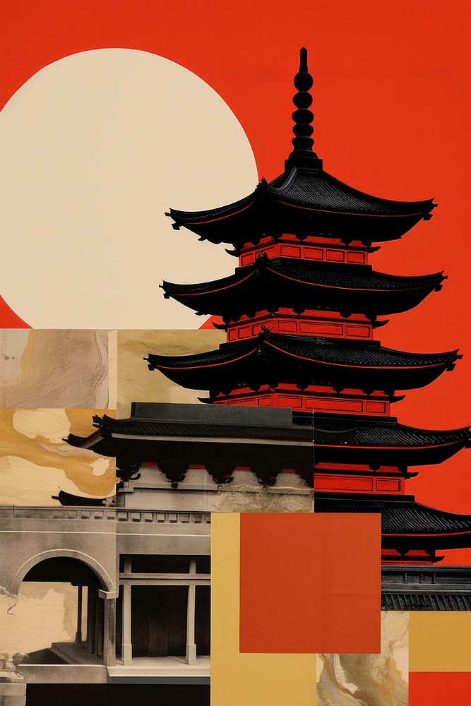 Mixed media collage art represent of traditional chinese cultural architecture building worship.