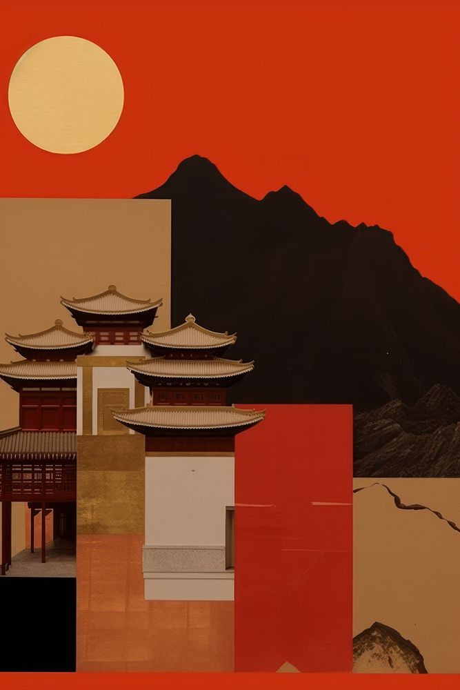 Mixed media collage art represent of traditional chinese cultural astronomy painting outdoors.