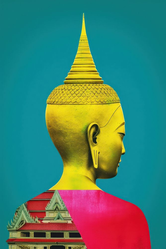 Mixed media collage art represent of traditional thai cultural worship prayer buddha.