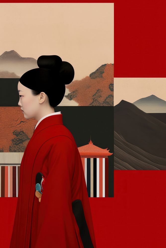 Mixed media collage art represent of traditional chinese cultural clothing painting fashion.