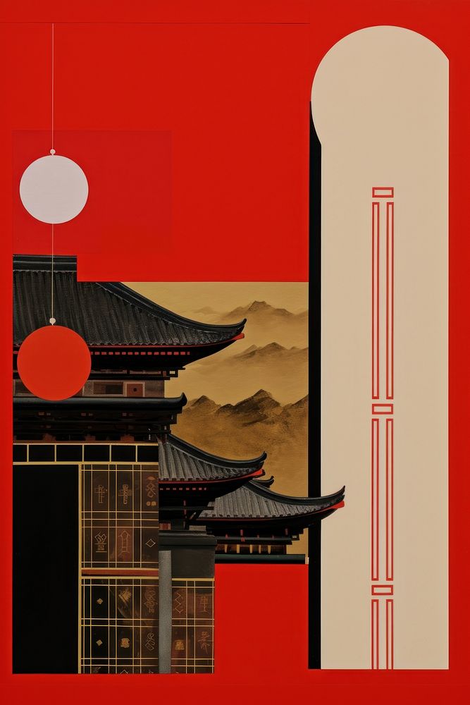 Mixed media collage art represent of traditional chinese cultural architecture painting building.